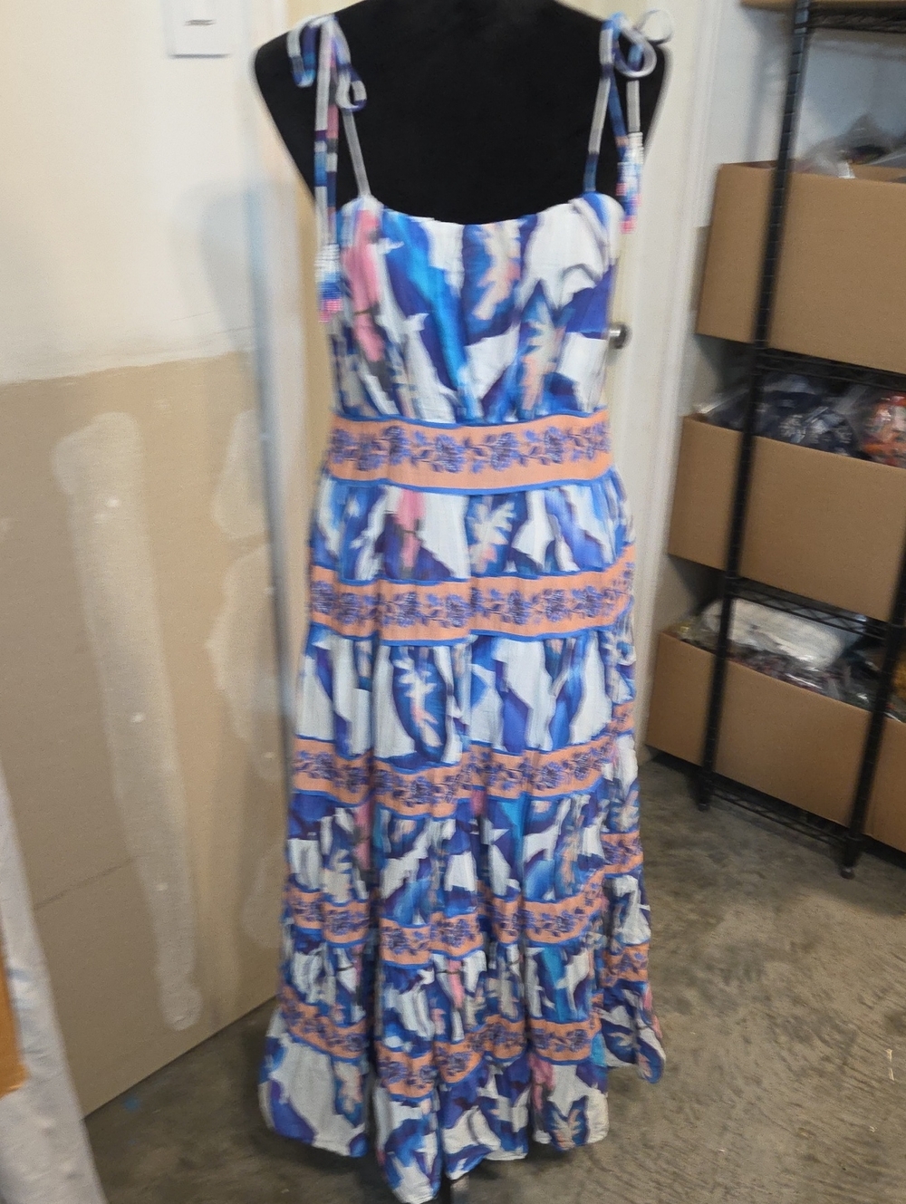Farm Rio Anthropologie Foliage Dress Maxi Blue Pink Tiered Beaded Tie Straps